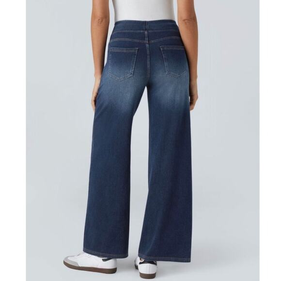 Halara Flex Size 2X High Waisted Wide Leg Pull On Casual Jeans Bright Blue Denim - Picture 2 of 11